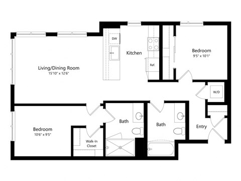 Floor plan for 2 beds, 2 baths, 888 sqft